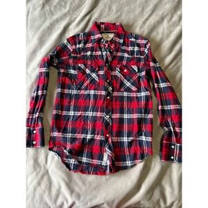 Cactus Man Red Navy Blue Plaid Flannel Button Down Shirt Mens Small RN86220
